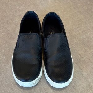 Skechers Black Slip-On Loafers with White Soles Memory Foam